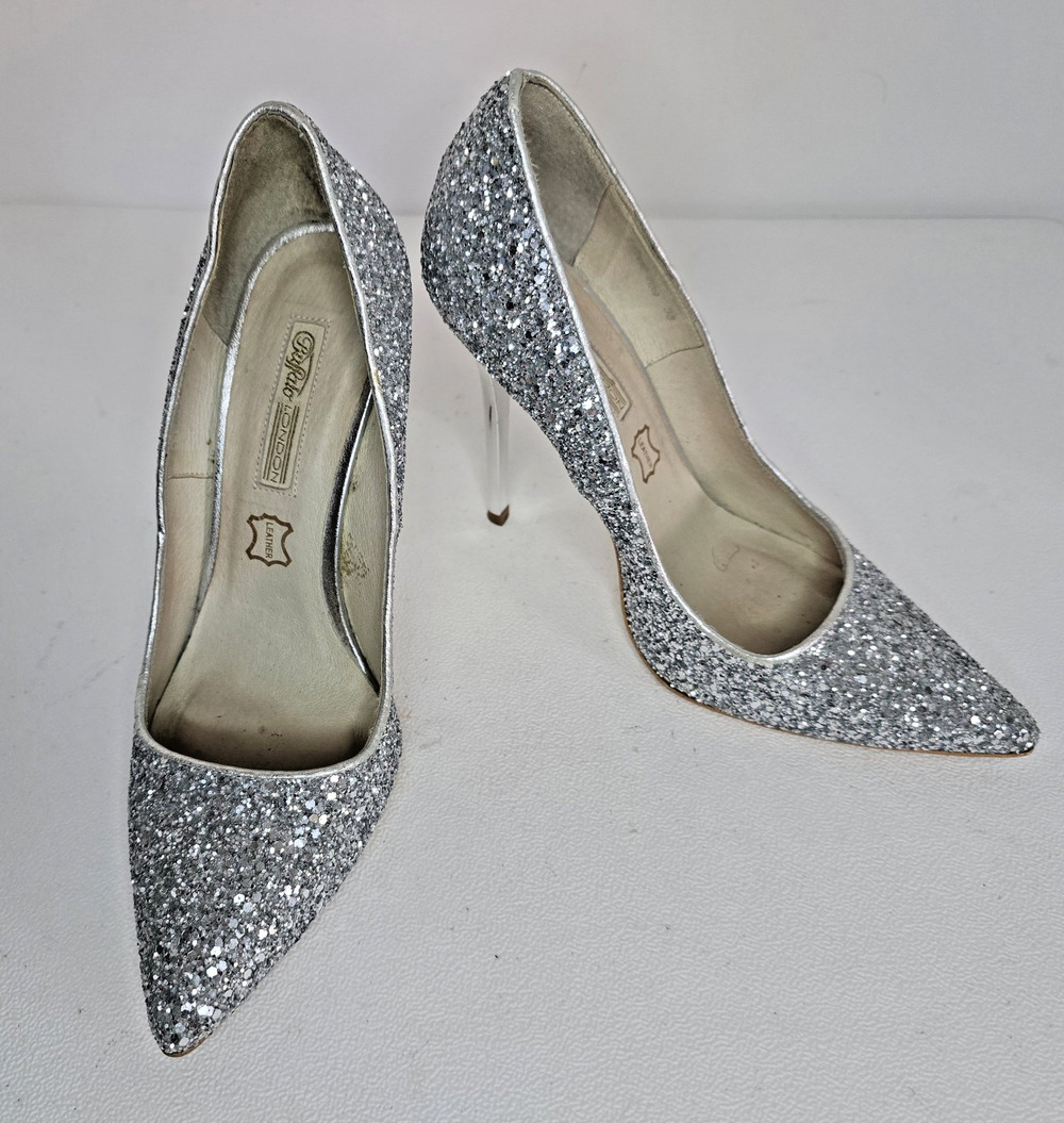 Womens Buffalo London Heels Glitter Silver Leather Lining Shoes SZ EU 38D/US 7.5